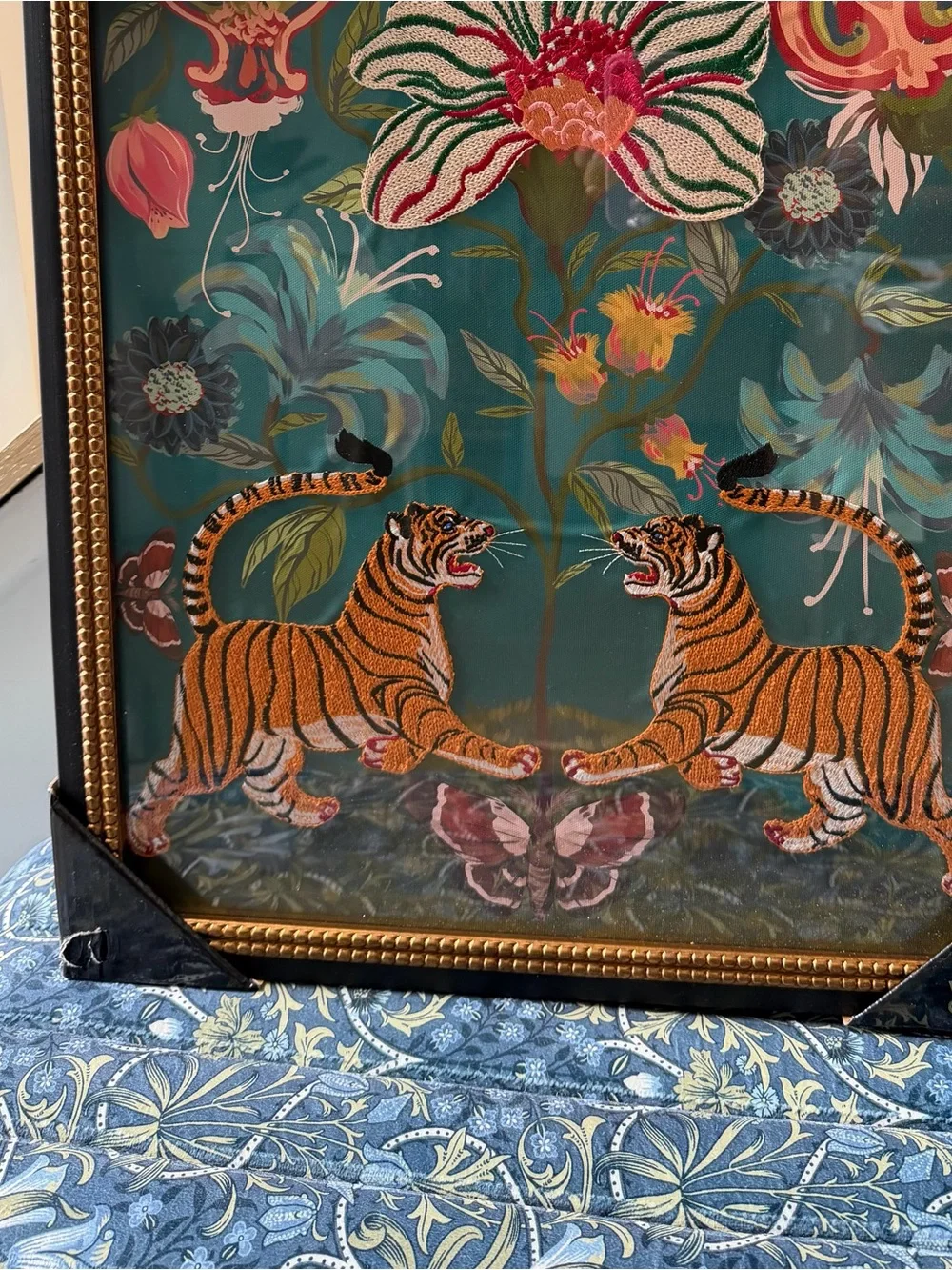 Sapna Shah Teal blue tiger Floral embroidered framed Wall Art